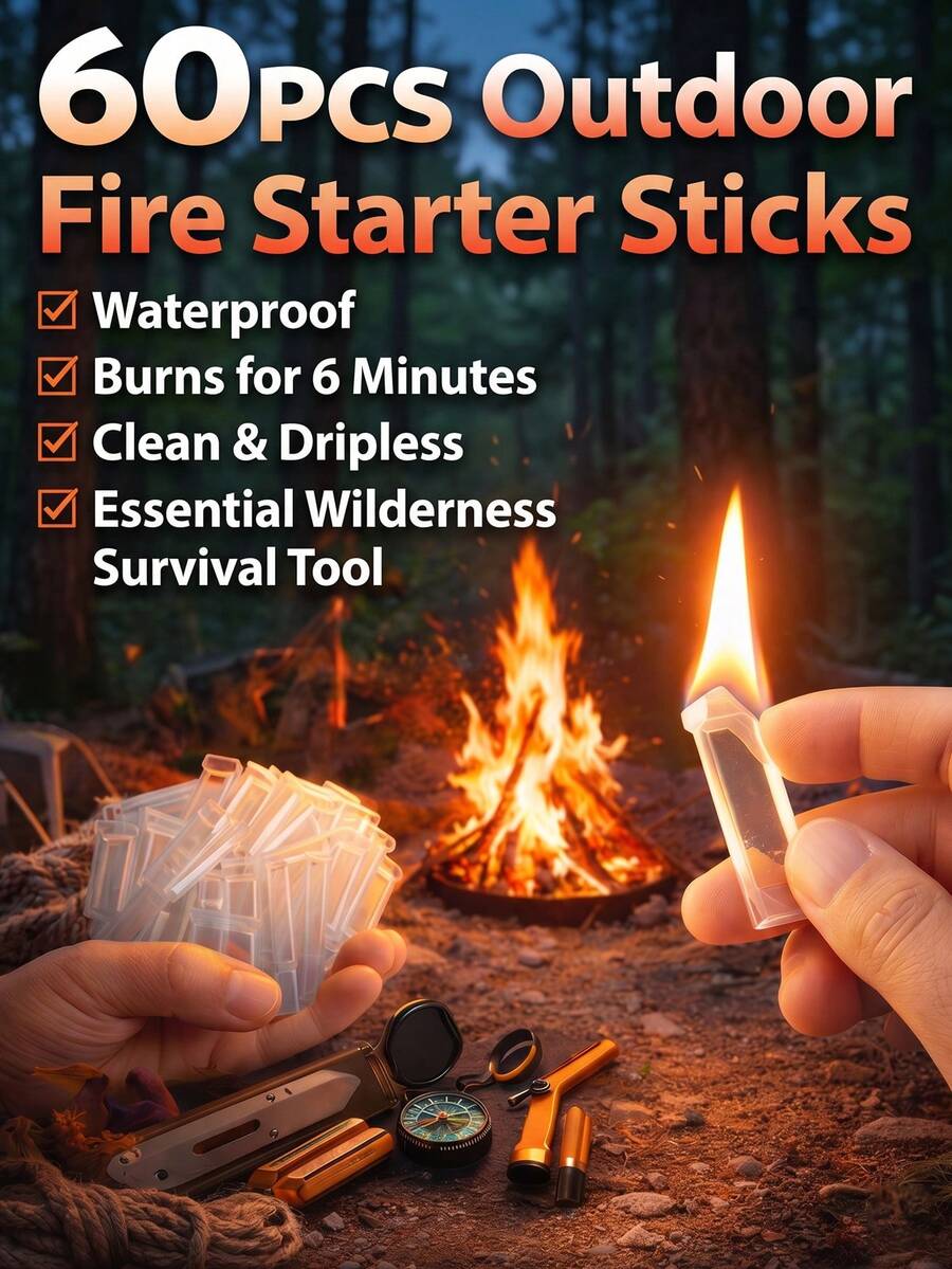 Hands hold clear rectangular fire starter sticks, one burning, with a campfire and forest background. Text: 60Pcs Outdoor Fire Starter Sticks