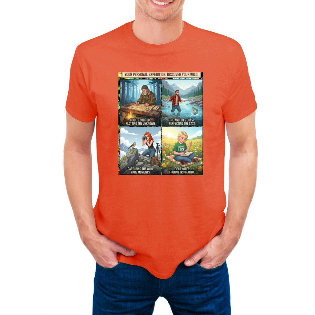 Orange t-shirt on a man, featuring a 4-panel graphic: mapping, fishing, photography, reading in nature