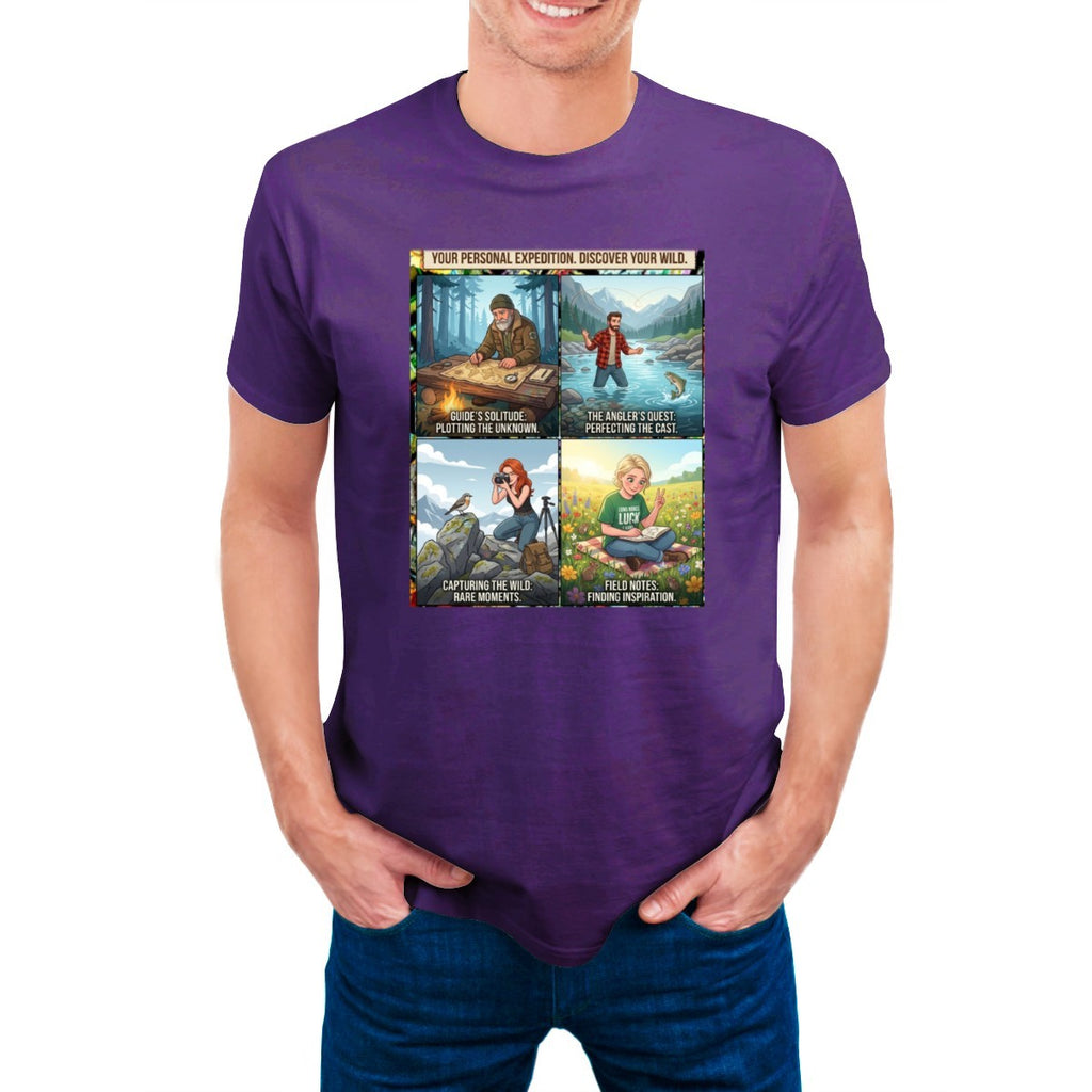 Purple t-shirt on a man, featuring a 4-panel graphic: mapping, fishing, photography, reading in nature