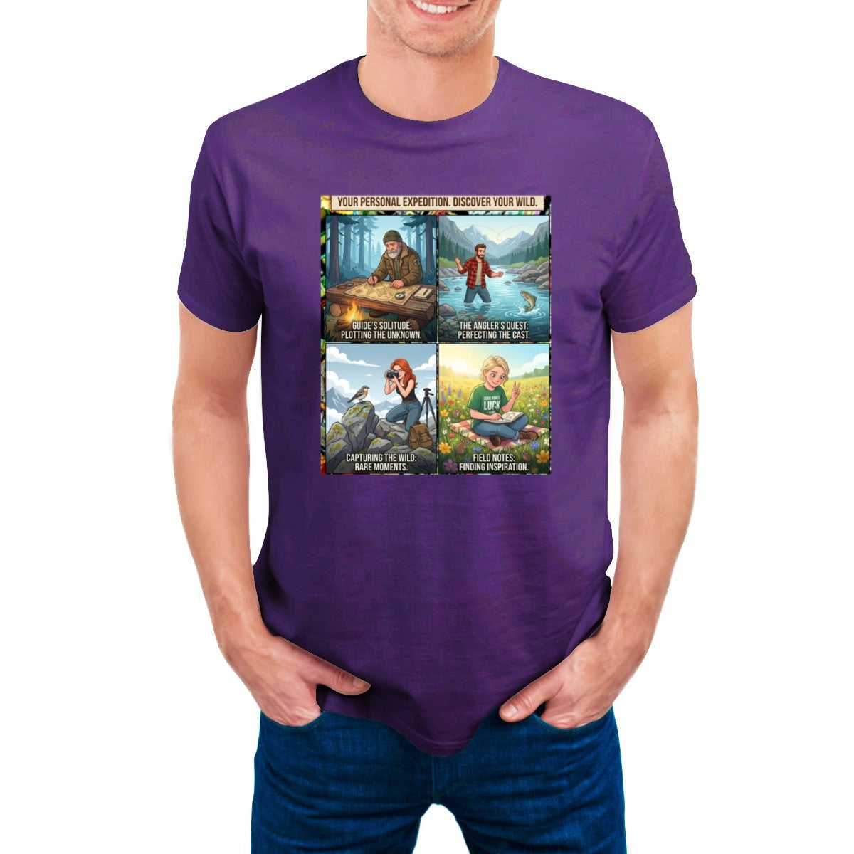 Purple t-shirt on a man, featuring a 4-panel graphic: mapping, fishing, photography, reading in nature