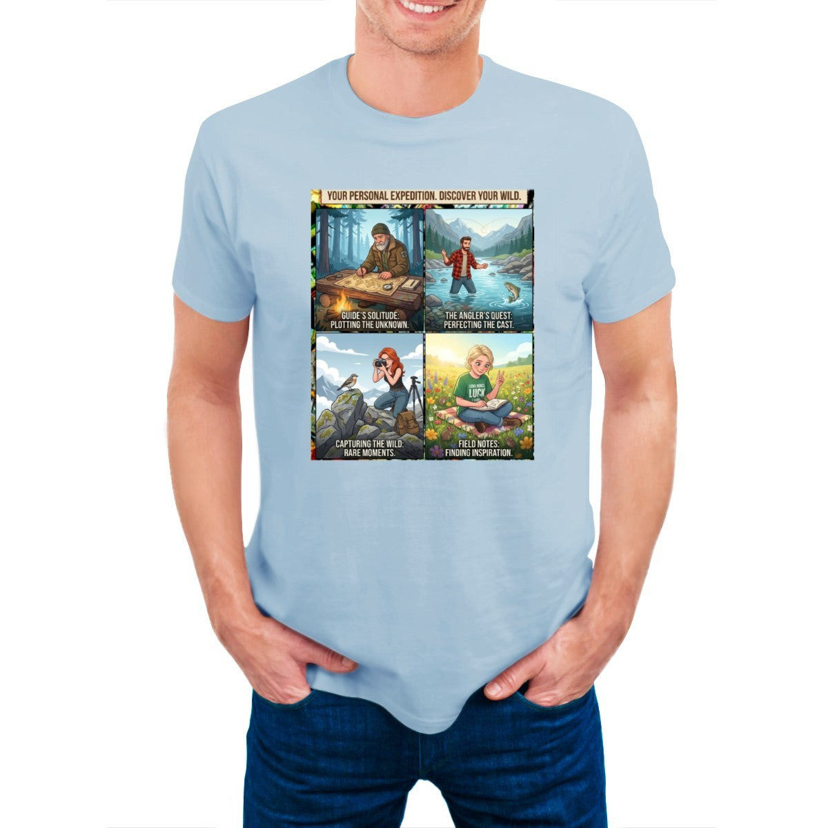 Light blue t-shirt on a man, featuring a 4-panel graphic: mapping, fishing, photography, reading in nature