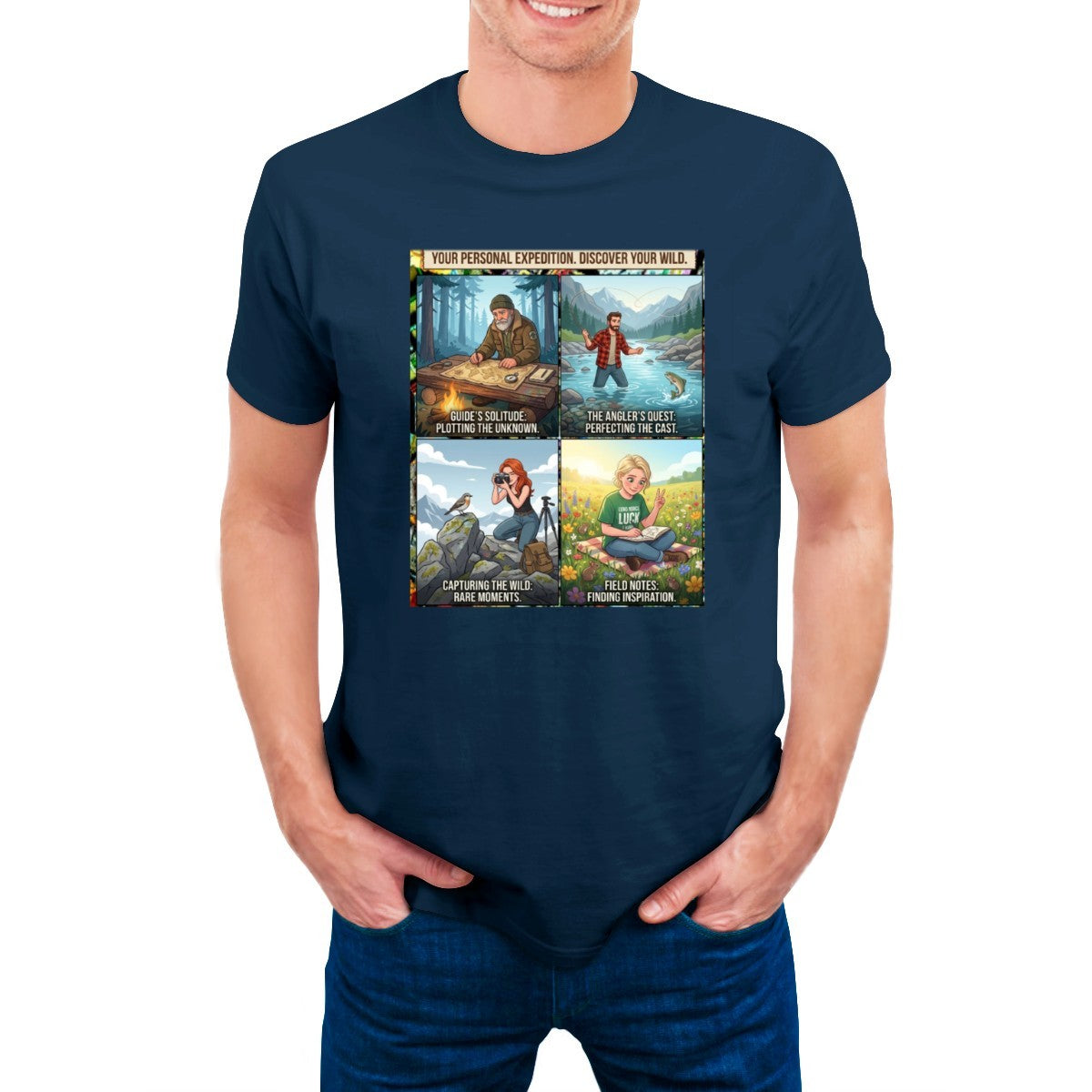 Dark blue t-shirt on a man, featuring a 4-panel graphic: mapping, fishing, photography, reading in nature