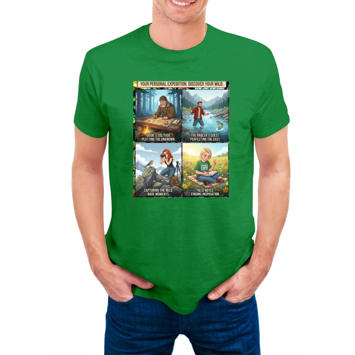 Green t-shirt on a man, featuring a 4-panel graphic: mapping, fishing, photography, reading in nature