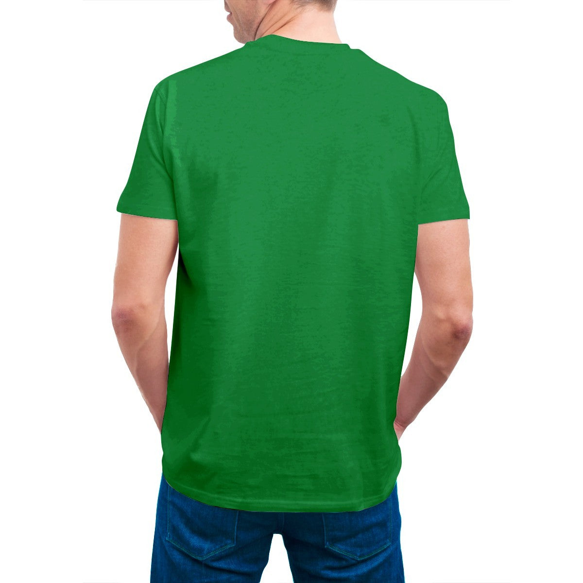 Back view of a man wearing a plain bright green short-sleeve t-shirt and blue jeans