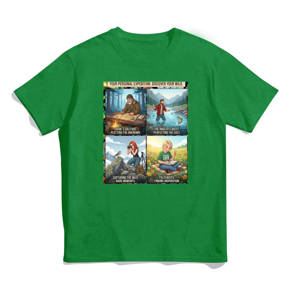 Flat lay of a bright green t-shirt with a 4-panel graphic of outdoor adventure scenes and text