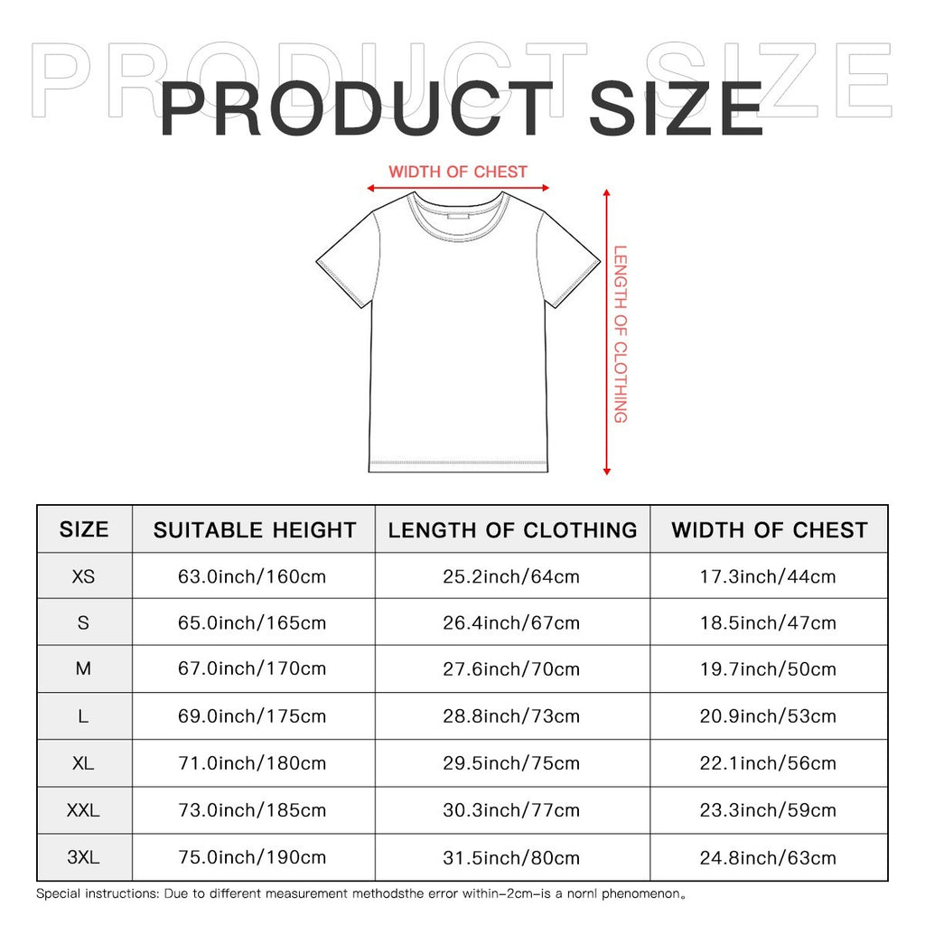 Size chart: XS-3XL, suitable height up to 75in, length up to 31.5in, chest width up to 24.8in