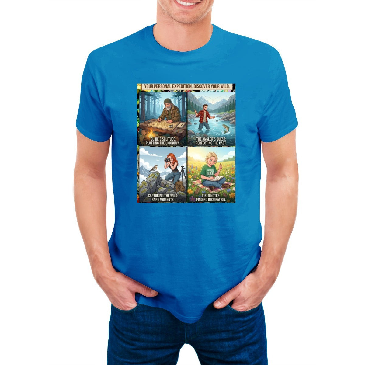 Royal blue t-shirt on a man, featuring a 4-panel graphic: mapping, fishing, photography, reading in nature