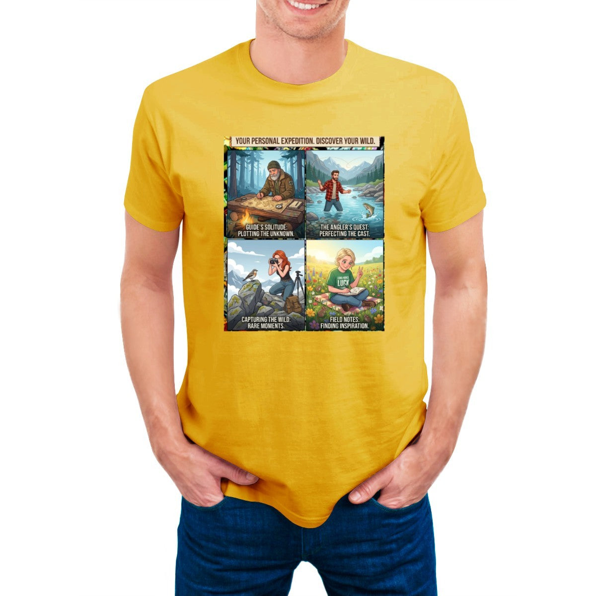 Yellow t-shirt on a man, featuring a 4-panel graphic: mapping, fishing, photography, reading in nature