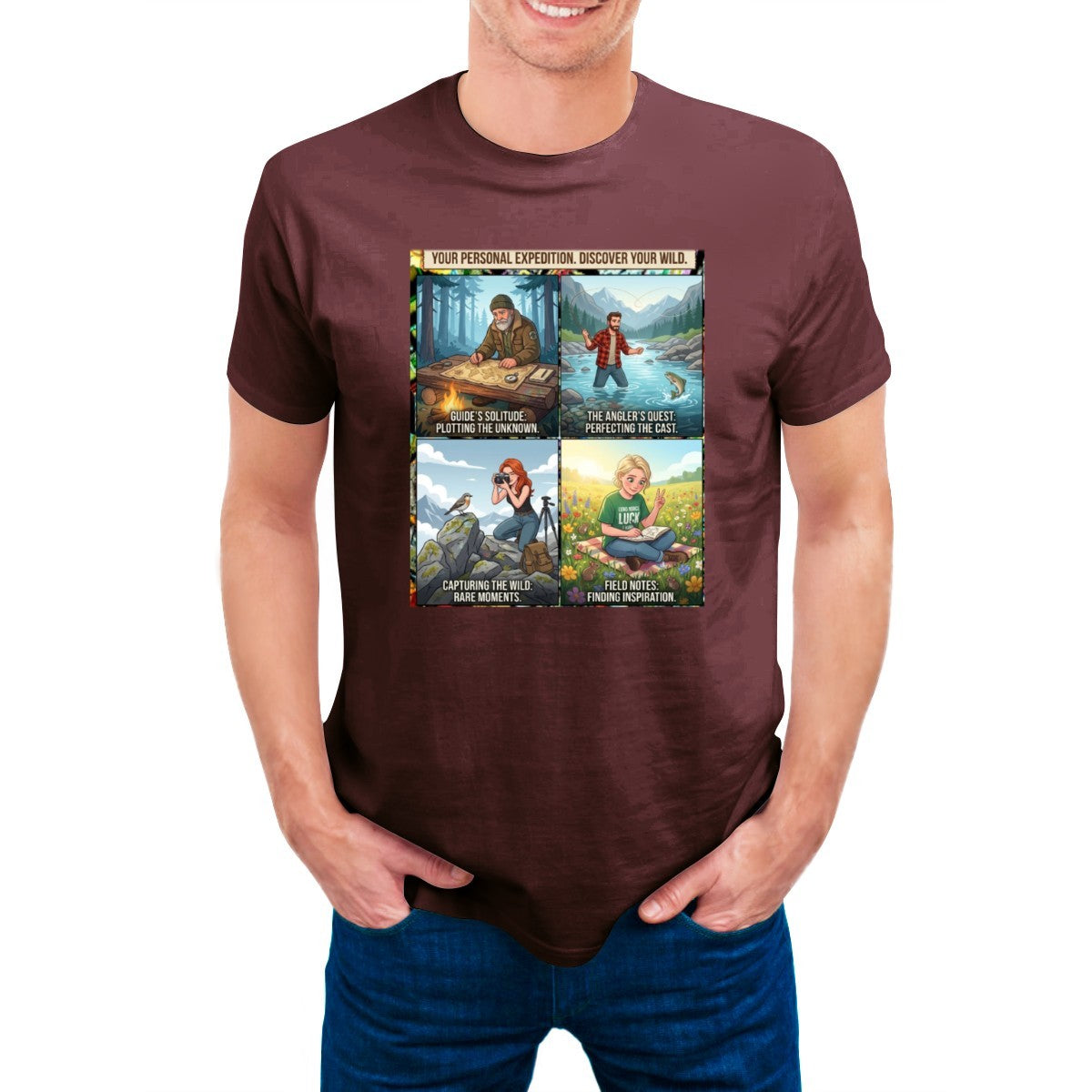 Maroon t-shirt on a man, featuring a 4-panel graphic: mapping, fishing, photography, reading in nature