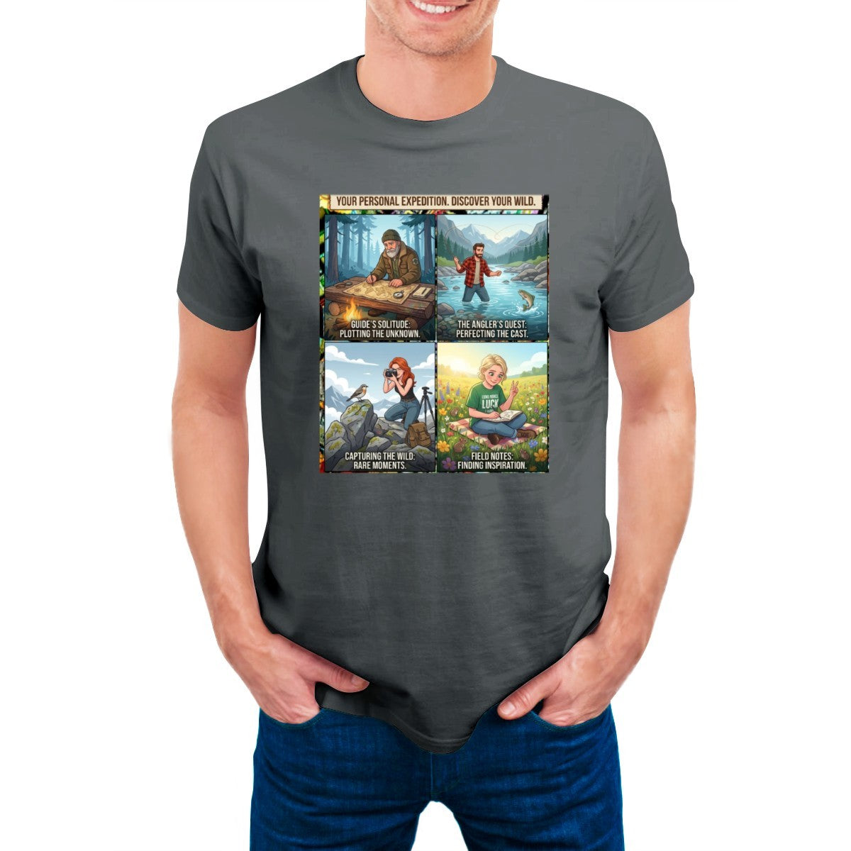 Charcoal grey t-shirt on a man, featuring a 4-panel graphic: mapping, fishing, photography, reading in nature