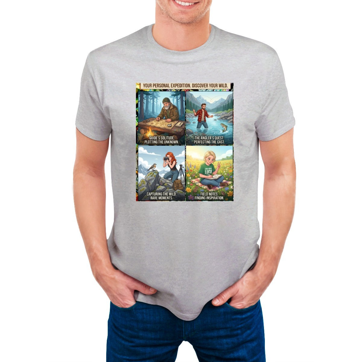 Light grey t-shirt on a man, featuring a 4-panel graphic: mapping, fishing, photography, reading in nature