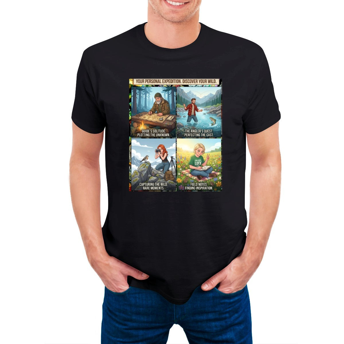 Black t-shirt on a man, featuring a 4-panel graphic: mapping, fishing, photography, reading in nature