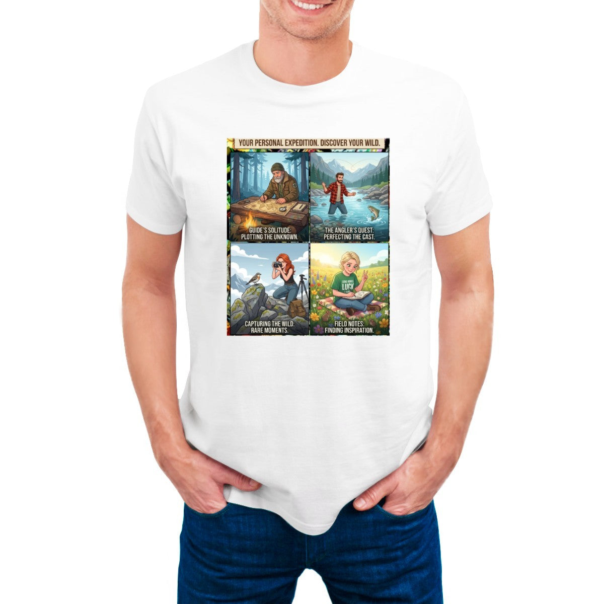 White t-shirt on a man, featuring a 4-panel graphic: mapping, fishing, photography, reading in nature