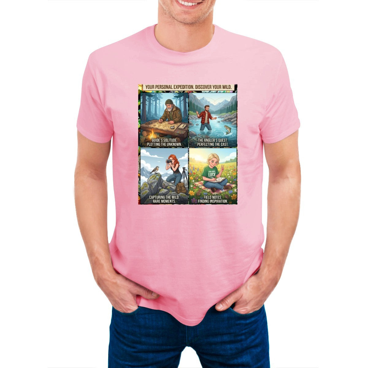 Pink t-shirt on a man, featuring a 4-panel graphic: mapping, fishing, photography, reading in nature