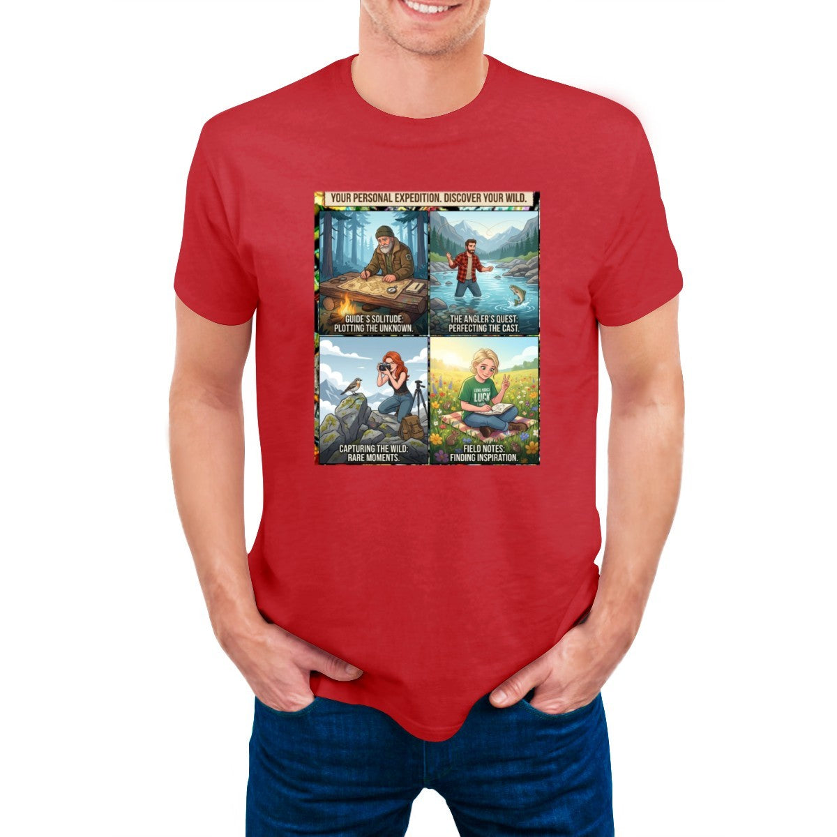 Red t-shirt on a man, featuring a 4-panel graphic: mapping, fishing, photography, reading in nature