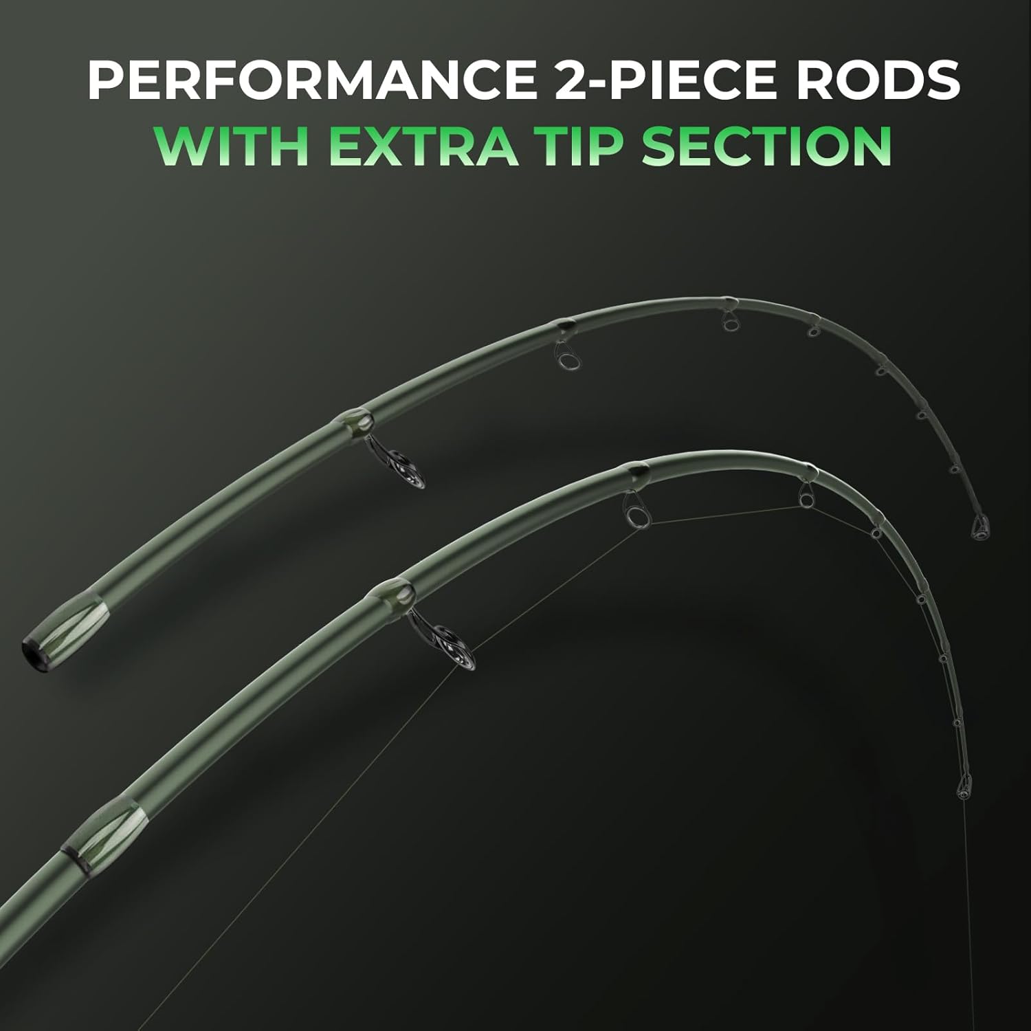 Two curved green fishing rod tips with guides, showing two-piece rod sections. Text: PERFORMANCE 2-PIECE RODS WITH EXTRA TIP SECTION