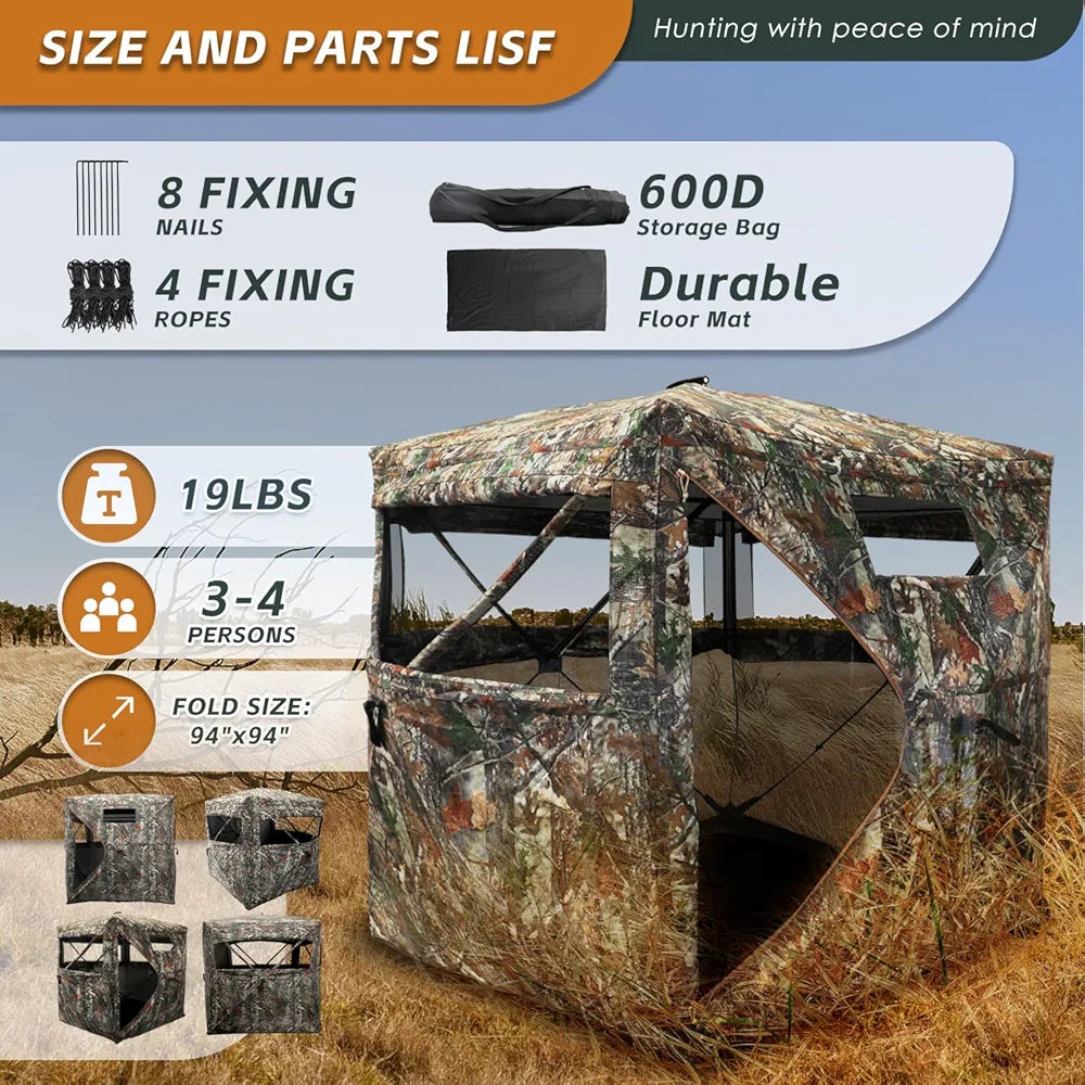 FUNHORUN Hunting Blind with Floor Mat, 360 Degree See Through Ground Blind with Carrying Bag, 2/3/4 Person Pop Up Camouflage Tent Portable Concealed Shelter