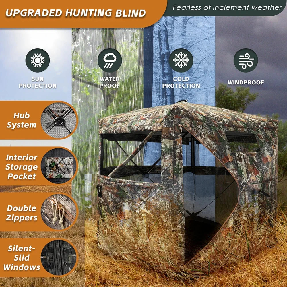 FUNHORUN Hunting Blind with Floor Mat, 360 Degree See Through Ground Blind with Carrying Bag, 2/3/4 Person Pop Up Camouflage Tent Portable Concealed Shelter