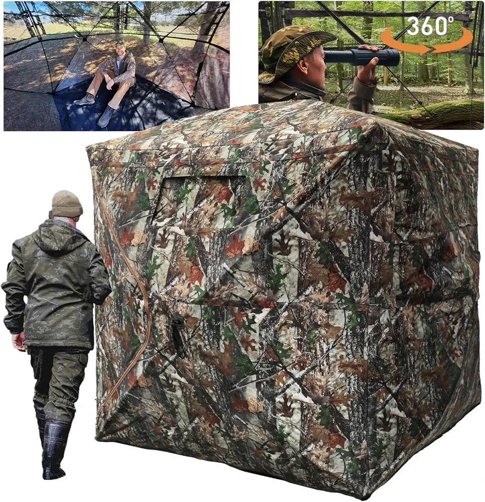 FUNHORUN Hunting Blind with Floor Mat, 360 Degree See Through Ground Blind with Carrying Bag, 2/3/4 Person Pop Up Camouflage Tent Portable Concealed Shelter