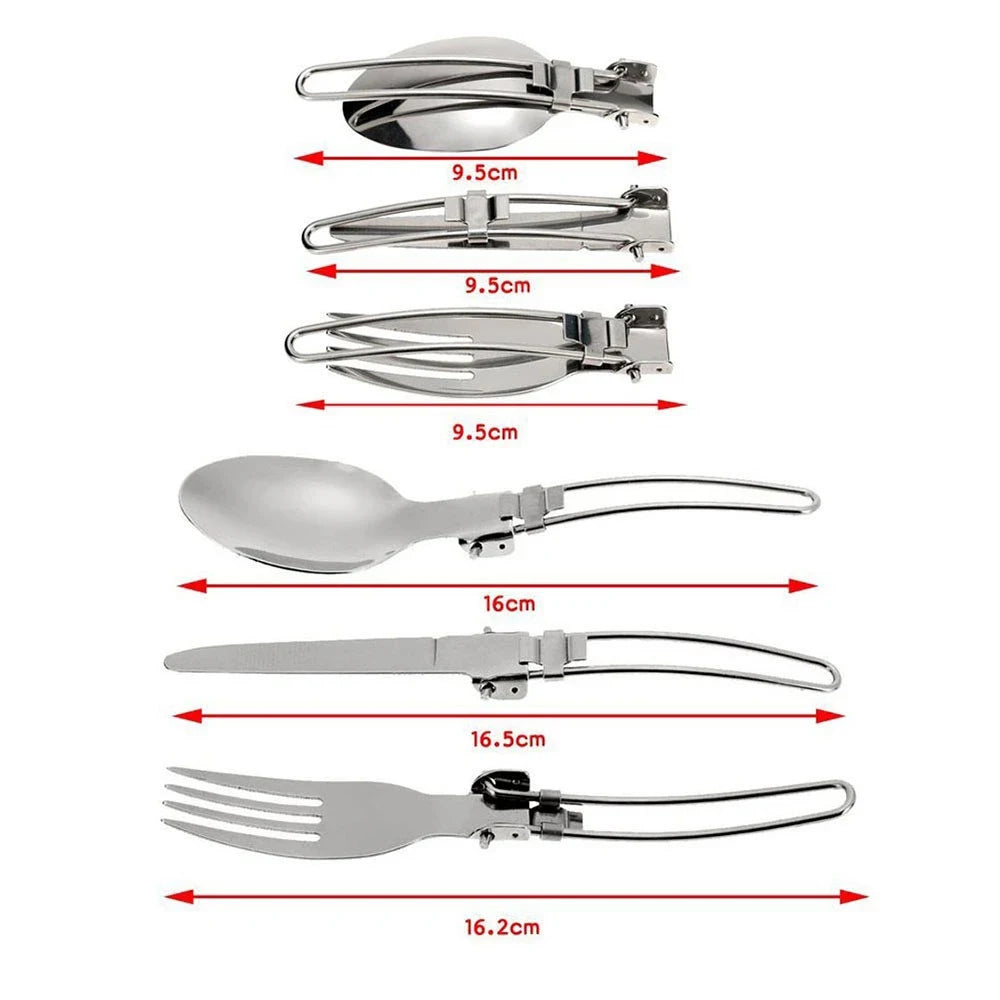Silver folding camping cutlery. Folded: spoon, knife, fork all 9.5cm. Unfolded: spoon 16cm, knife 16.5cm, fork 16.2cm