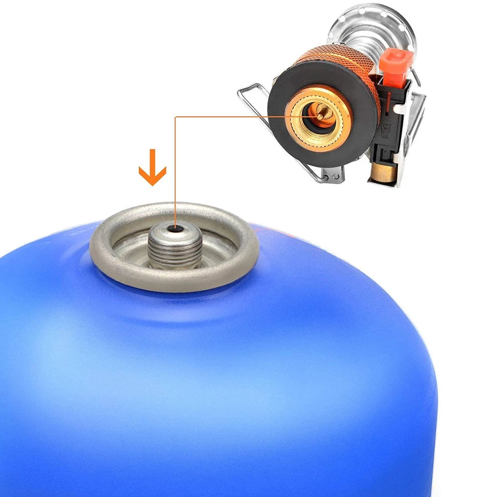 Close-up of blue camping gas canister valve and portable stove's connection, with arrow showing assembly