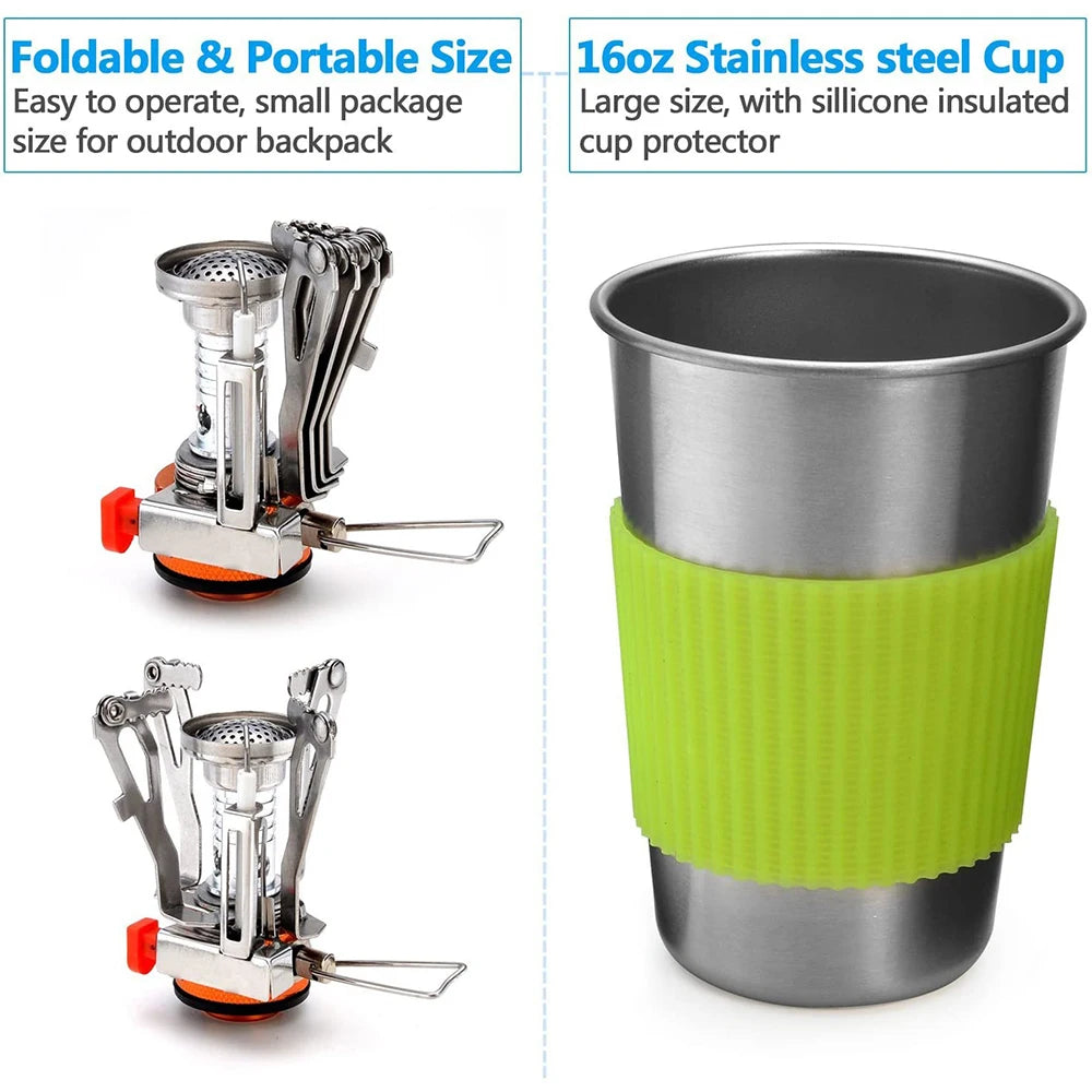 Text: Foldable & Portable Size, 16oz Stainless steel Cup. Silver gas stove and steel cup with green silicone sleeve