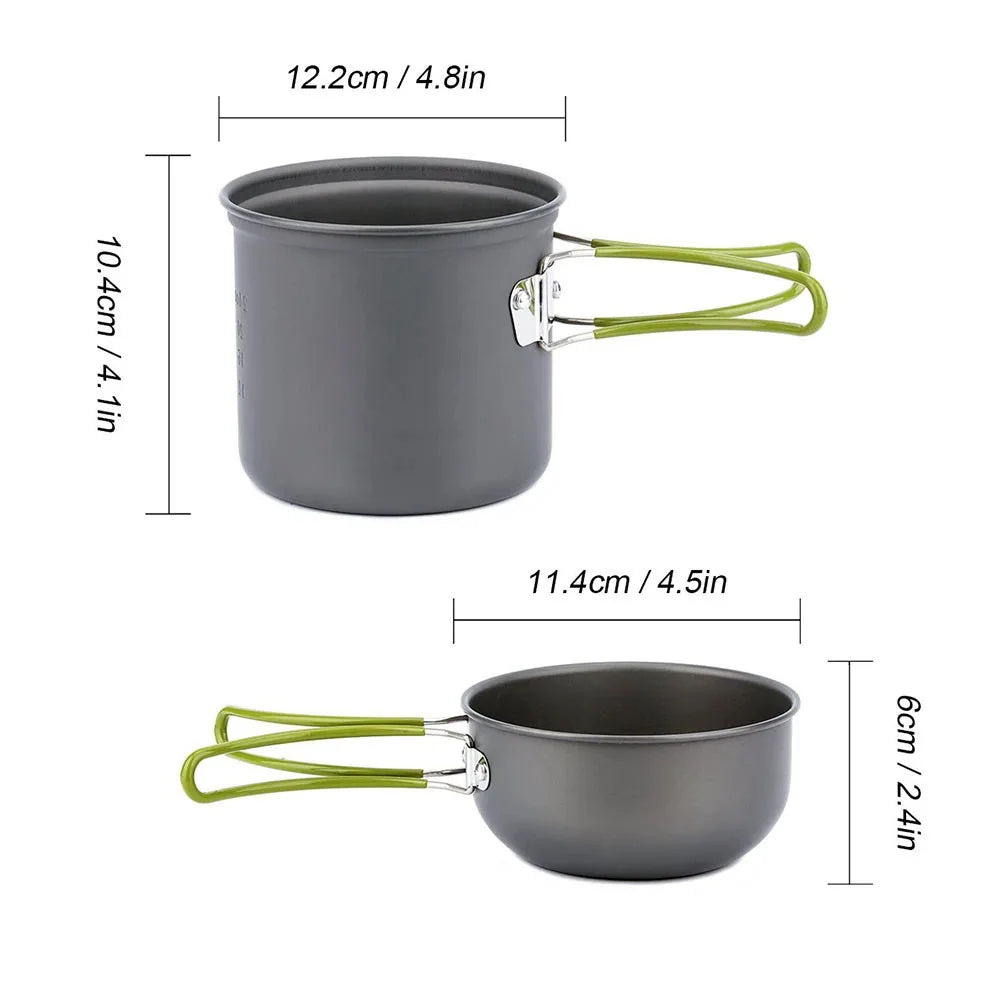 Two gray camping pots with green folding handles. Tall pot: 10.4cm H, 12.2cm W. Shallow pan: 6cm H, 11.4cm W
