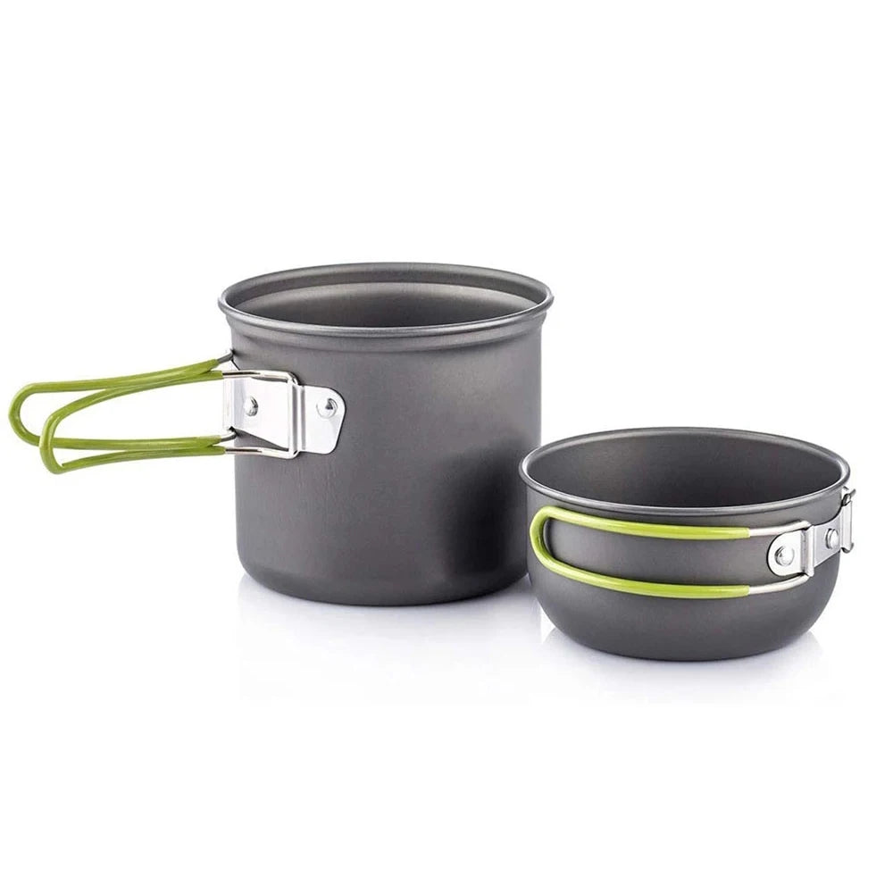 Gray camping pot and smaller pan with lime green folding handles on a white background, side view