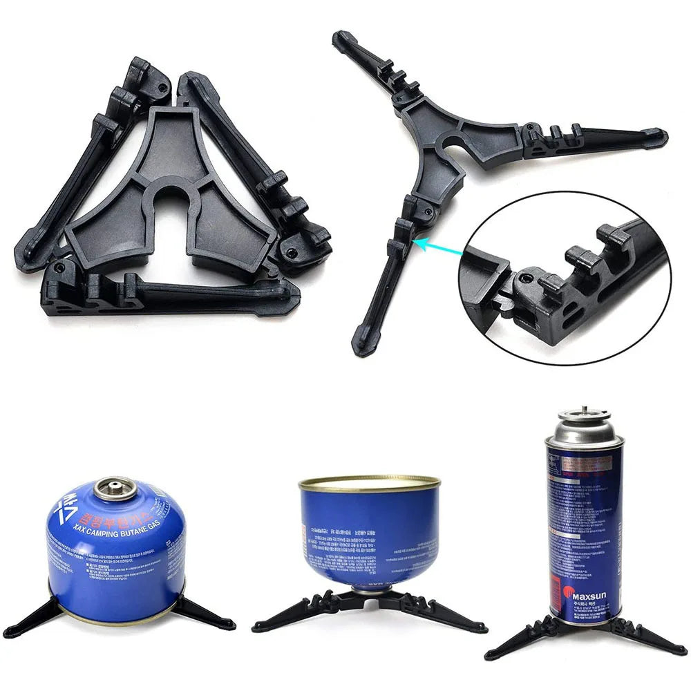 Black foldable tripod gas tank stand, shown folded and unfolded, supporting blue butane and Maxsun gas canisters