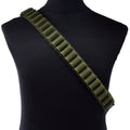 Olive green shotgun shell bandolier with 25 elastic loops, displayed diagonally across a black mannequin