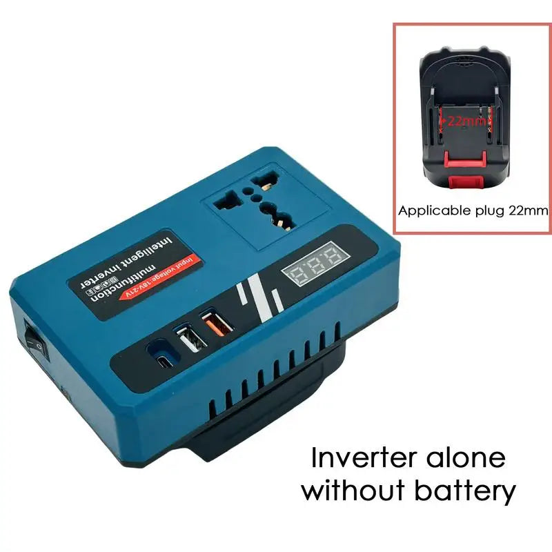 Blue and black power inverter shown alone. Inset shows 22mm plug, text states "Inverter alone without battery"
