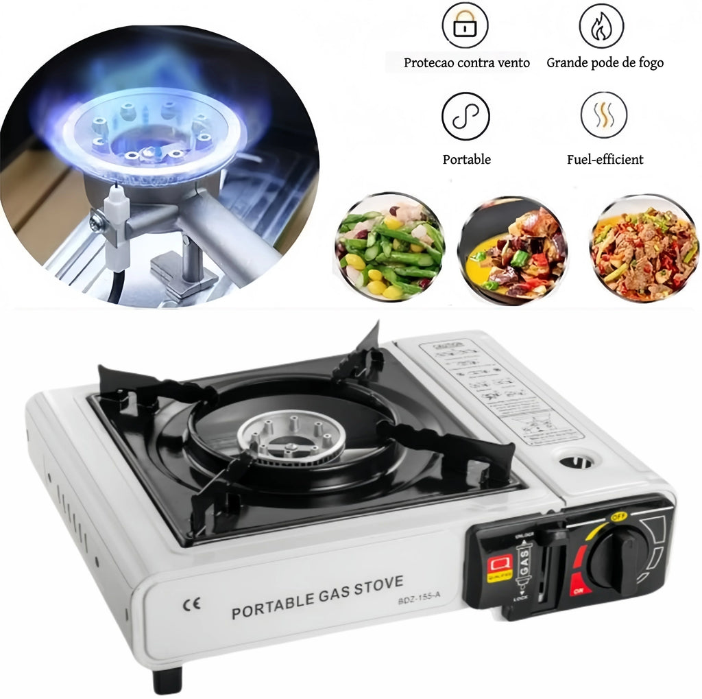 White portable gas stove with a black grate, a flame close-up inset, and Portuguese feature icons. PORTABLE GAS STOVE BDZ-155-A