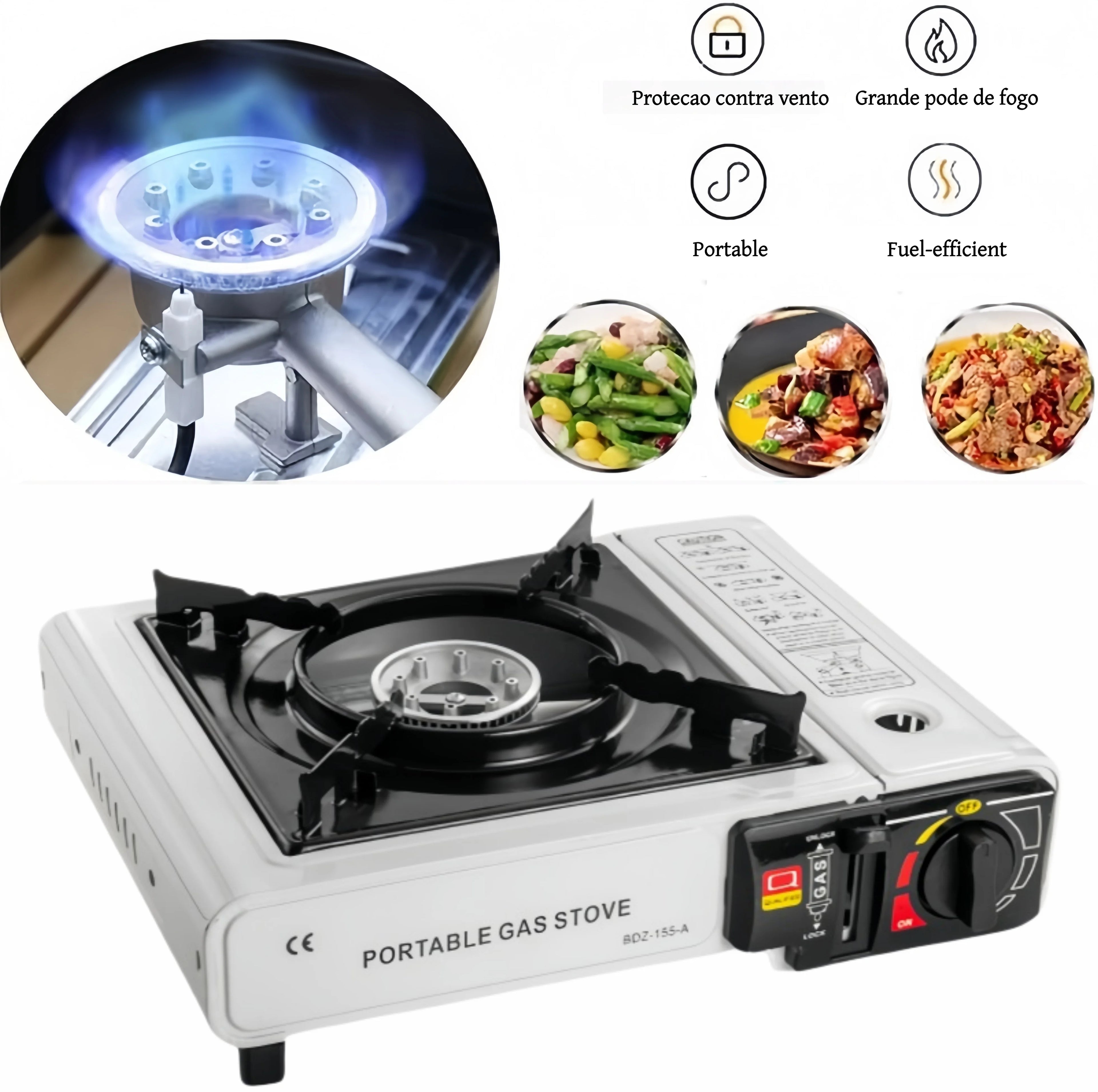White portable gas stove with a black grate, a flame close-up inset, and Portuguese feature icons. PORTABLE GAS STOVE BDZ-155-A