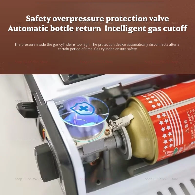 Interior view of a white portable gas stove with a red gas canister inserted. Safety mechanism visible
