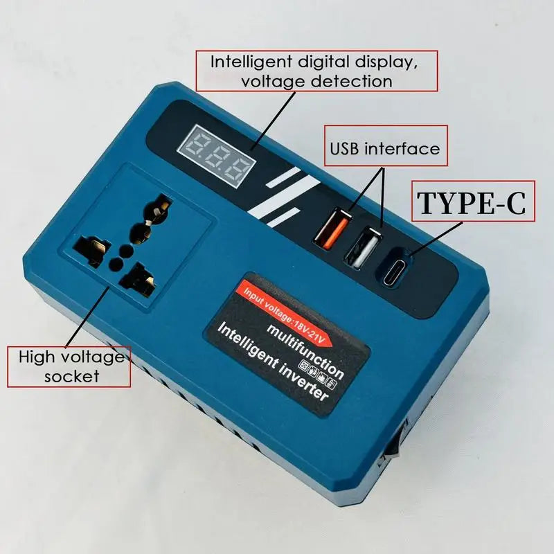 Blue and black power inverter with labels: Intelligent digital display, USB interface, TYPE-C, High voltage socket