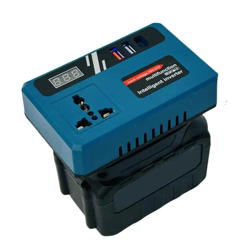 Blue and black power inverter attached to a black power tool battery, showing AC outlet, USB ports, digital display