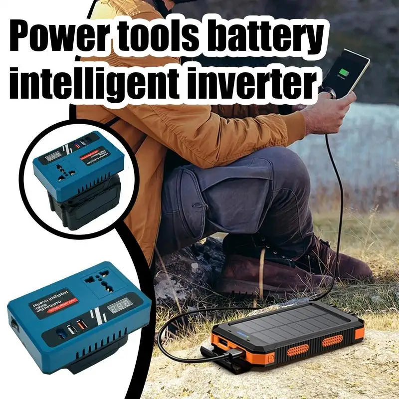 Person outdoors charging phone with solar panel. Two inverters shown, one on battery, one alone. "Power tools battery intelligent inverter"