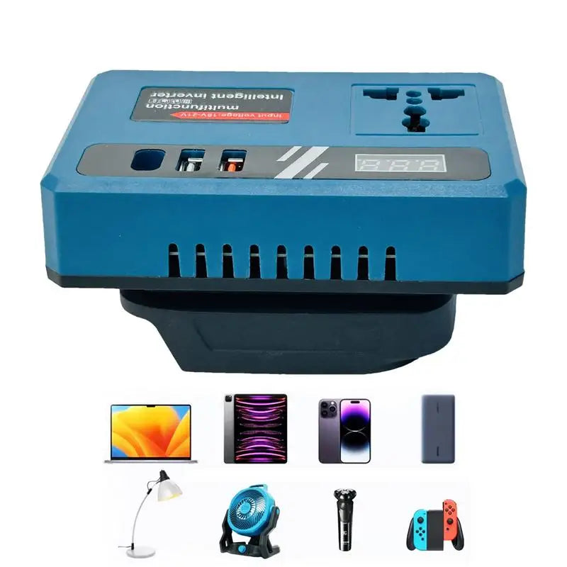 Blue and black power inverter module with multi-socket AC, 2 USB-A, USB-C ports, and digital display. Devices shown below