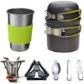 Camping gear collage: Stainless steel cup with green sleeve, stacked gray pot and pan, silver portable gas stove, black tank stand, folding spoon, knife, fork