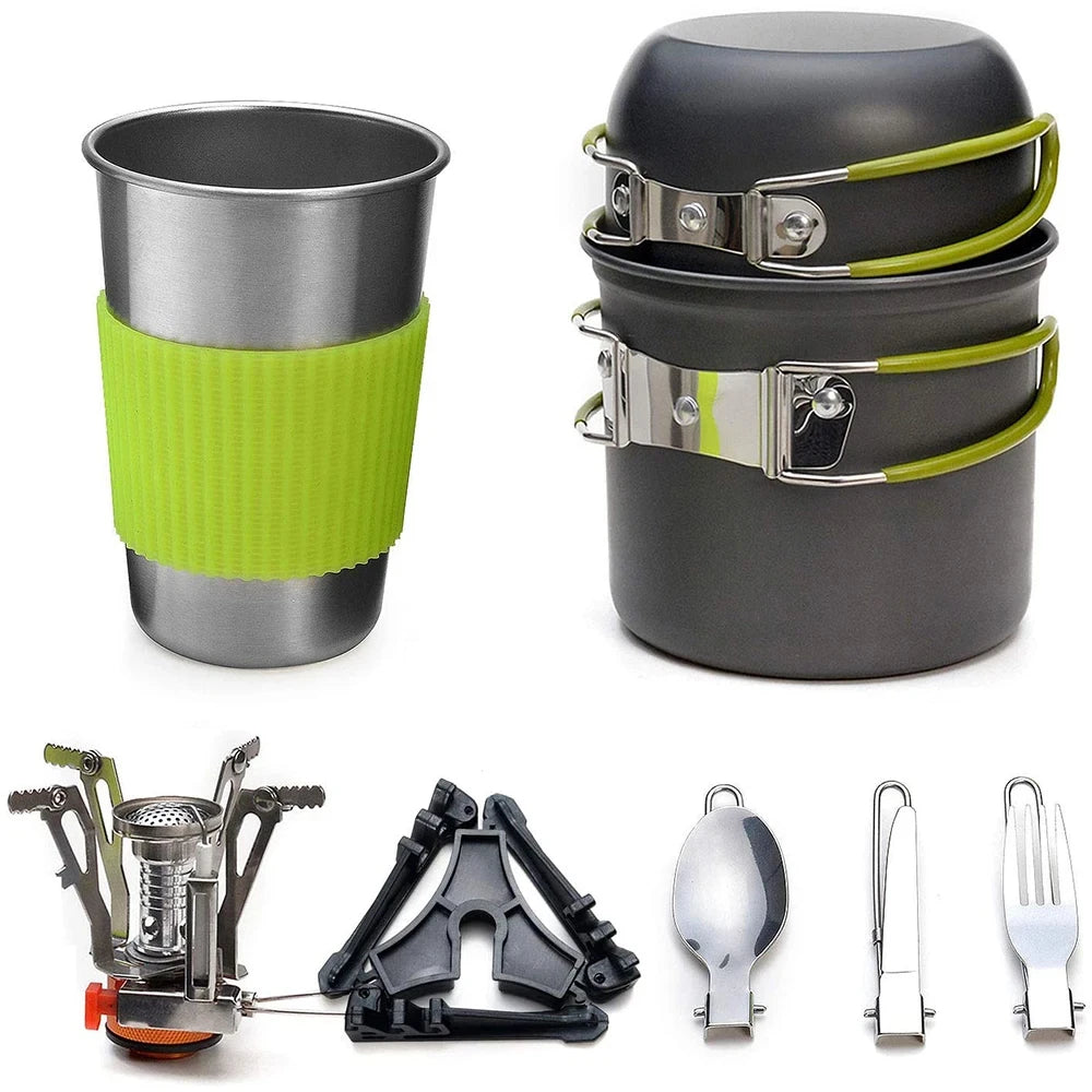 Camping gear collage: Stainless steel cup with green sleeve, stacked gray pot and pan, silver portable gas stove, black tank stand, folding spoon, knife, fork