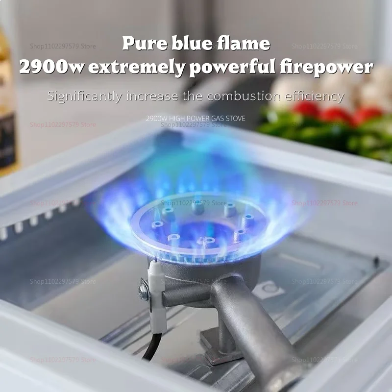 Close-up of a portable gas stove's burner with a vibrant blue flame rising from its metal ring