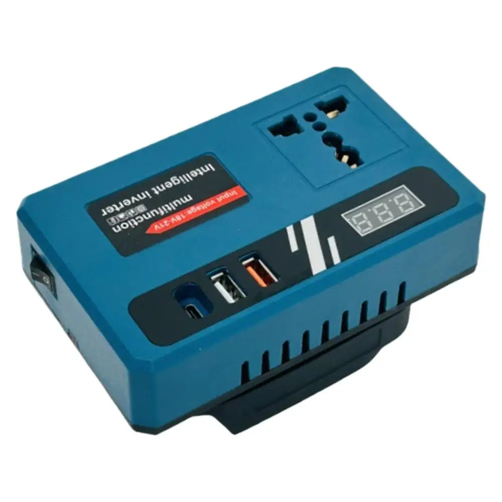 Blue and black power inverter with multi-socket AC outlet, 2 USB-A, USB-C ports, digital display, on/off switch